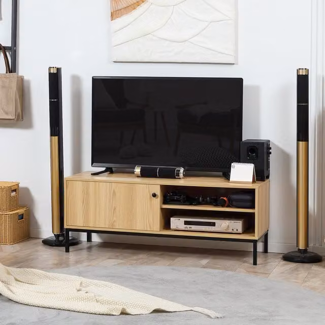 HOMCOM Retro TV Stand Cabinet with 3 Compartments and Sliding Door in Brown