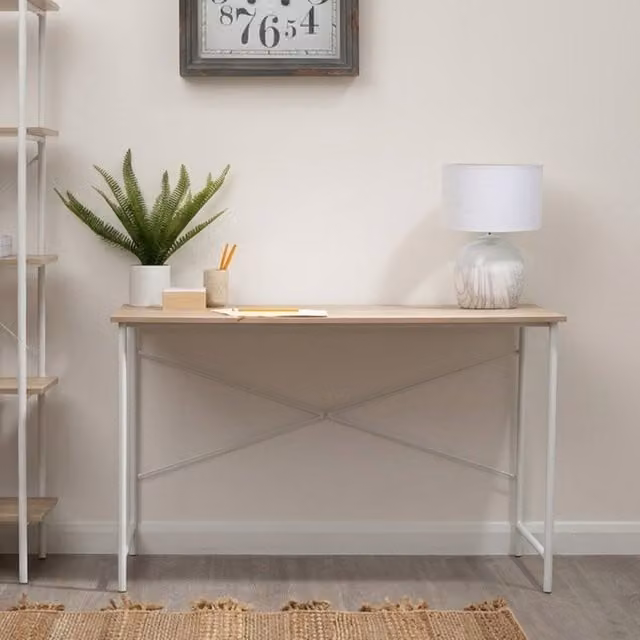 Orsina Modern Oak and White Metal Writing Desk with X-Frame Support, W/D/H: 120 x 60 x 75 cm – 1