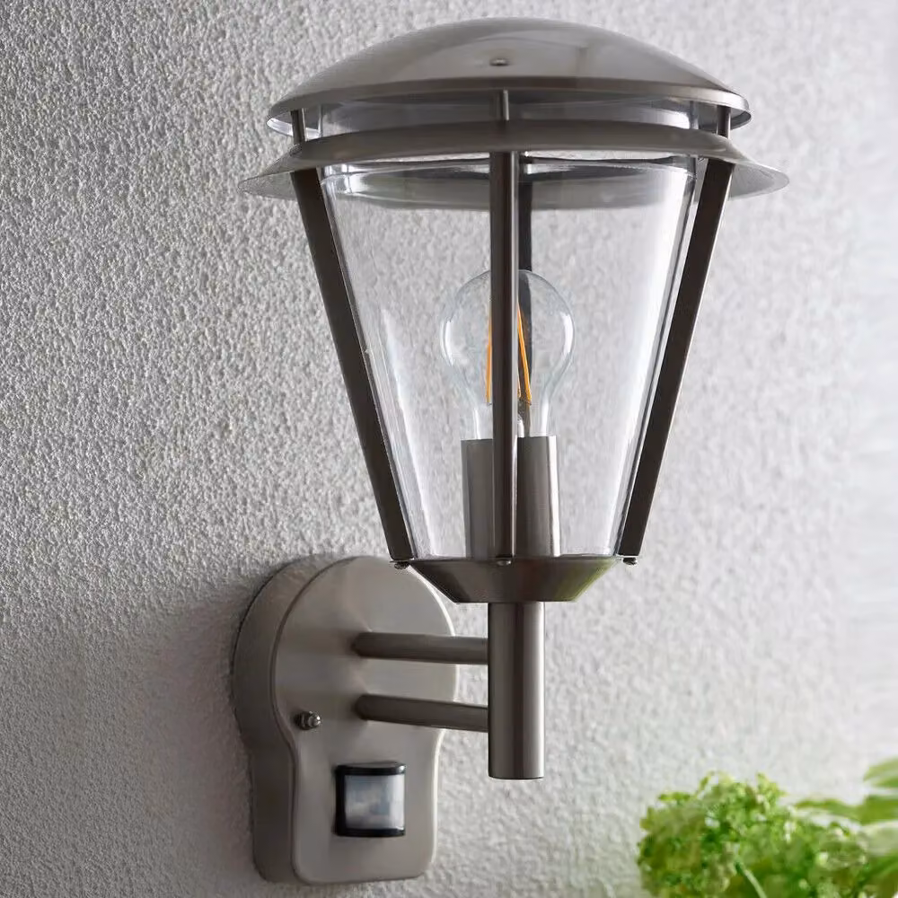 Loops Modern Silver Outdoor Wall Lamp with PIR Motion Sensor and Timer, IP44 Rated Stainless Steel Lantern – 3
