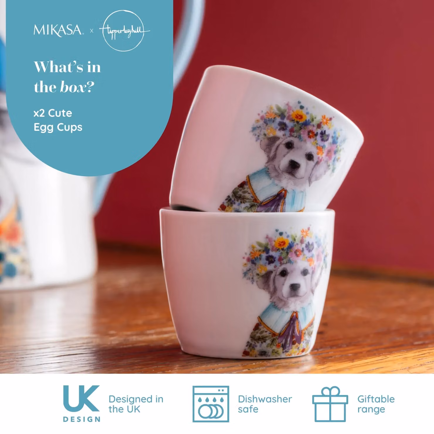 Mikasa Tipperleyhill Porcelain Egg Cups, Puppy Design, Set of Two, White and Multicolour – 4