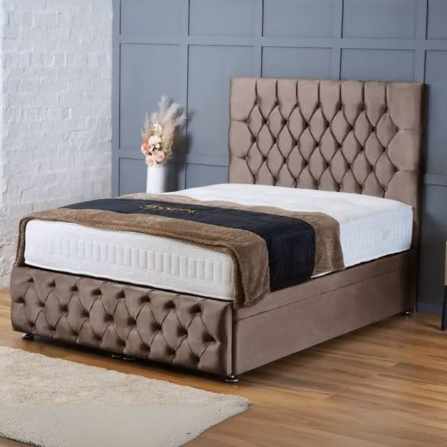 BSSPOKE Mulberry Ottoman Divan Bed in Taupe Plush Velvet with 54 inch Headboard, W/D/H: 140 x 200 cm