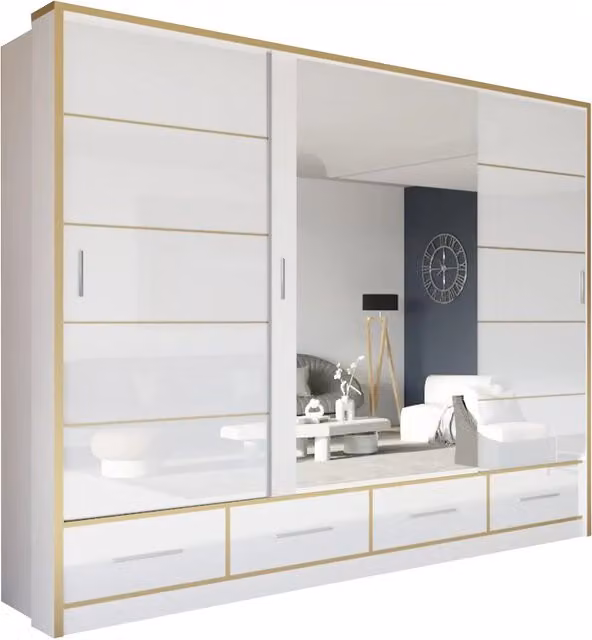 Sliding Wardrobes 4 u Heaven High Gloss White Mirror Sliding Door Wardrobe, Width: 253 cm