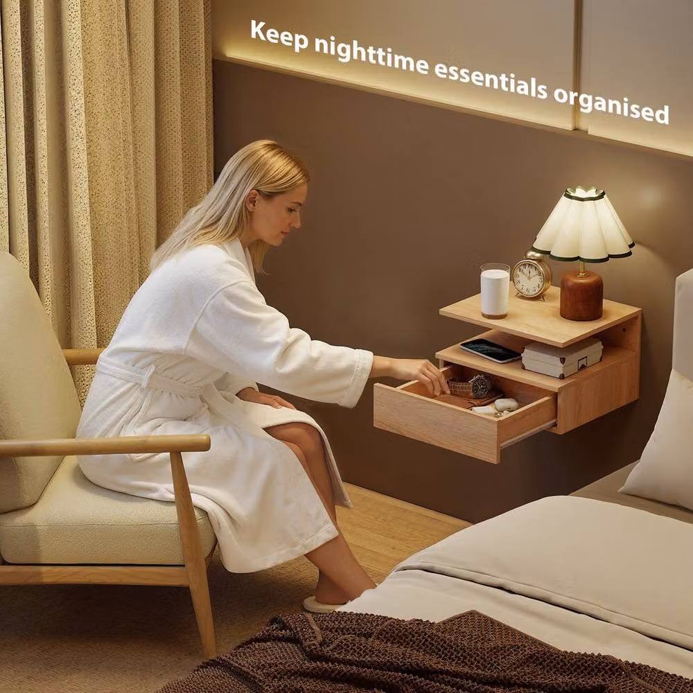 STILVORA Set of 2 Wall Mounted Floating Bedside Tables with Drawer and Shelf in Light Oak – 3