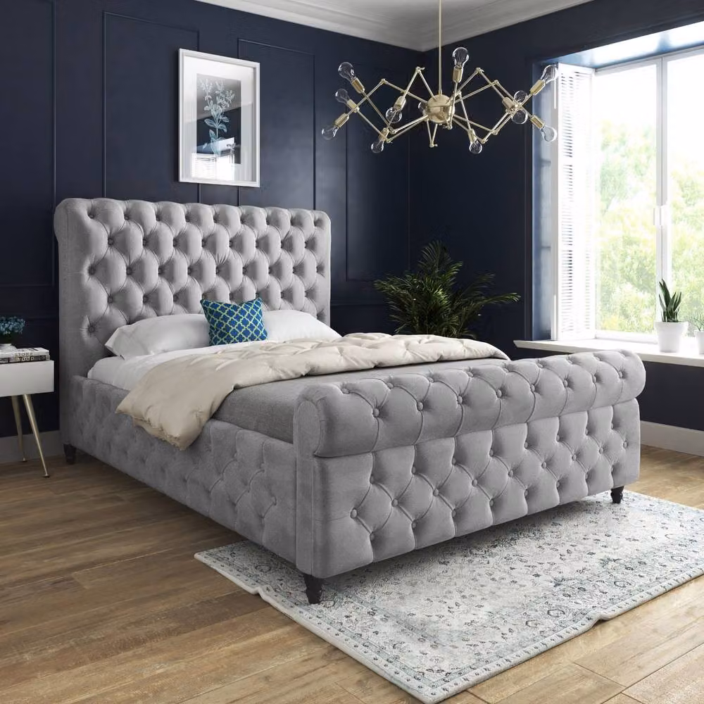 Casani Steventon Sleigh Upholstered Bed Frame in Grey Silver Velvet, Super King, W/D/H: 200 x 189 x 119 cm – 2