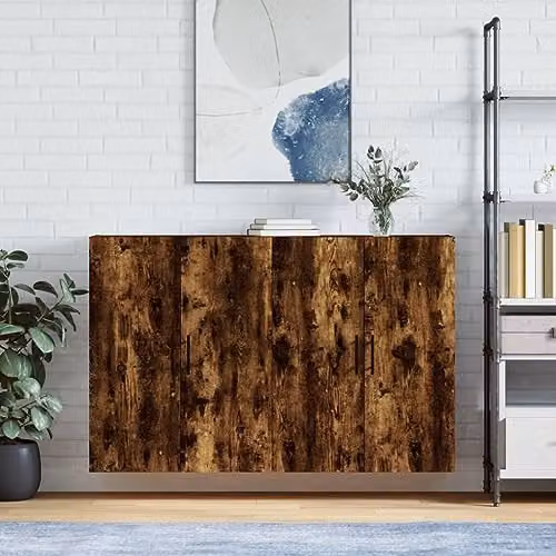 vidaXL Set of 2 Modern Wall Mounted Cabinets in Smoked Oak, Brown Engineered Wood Storage Units for Living Room, Bedroom or Office – 2