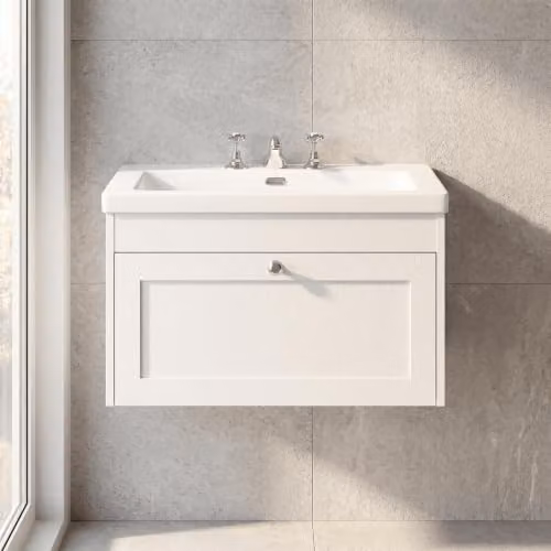 Balterley Wall Hung Traditional Bathroom Vanity Unit with Single Soft Close Drawer and 3 Tap Hole Rectangular Sink, White, W/D/H: 80.0 x 45.3 x 43.1 cm – 2