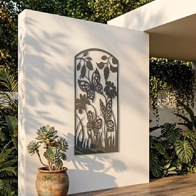 Laser Hut Butterfly and Flower Metal Wall Art in Anthracite Grey