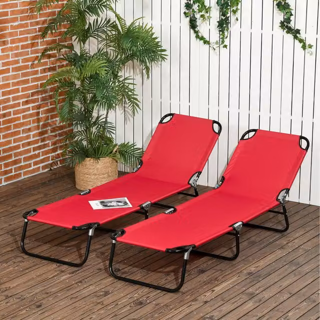 Outsunny Set of Two Red Folding Sun Loungers with Adjustable Headrest and Multi-Position Glide