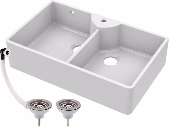 Balterley White Fireclay 2 Bowl Butler Sink with Stepped Weir Wastes W: 89.5 cm, D: 55 cm, H: 22 cm – 1