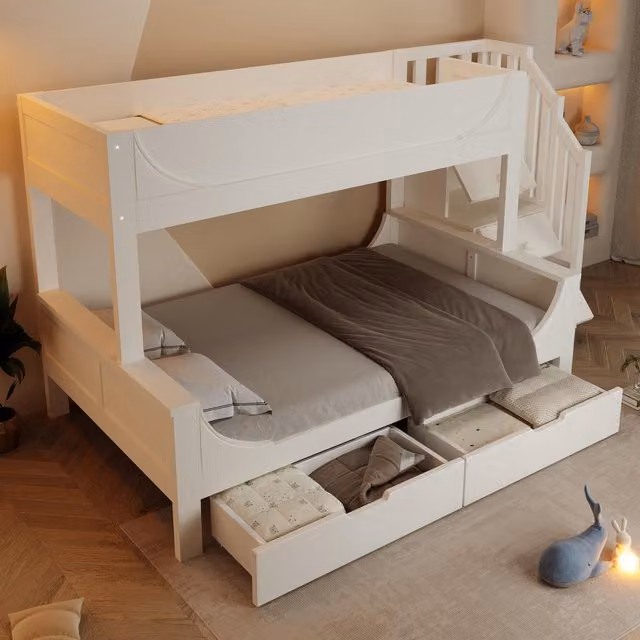 Aosom UK Childrens Bunk Bed with Staircase Storage and Under-bed Pull-out Drawer, White, L: 246 cm, W: 141 cm, H: 150 cm – 1