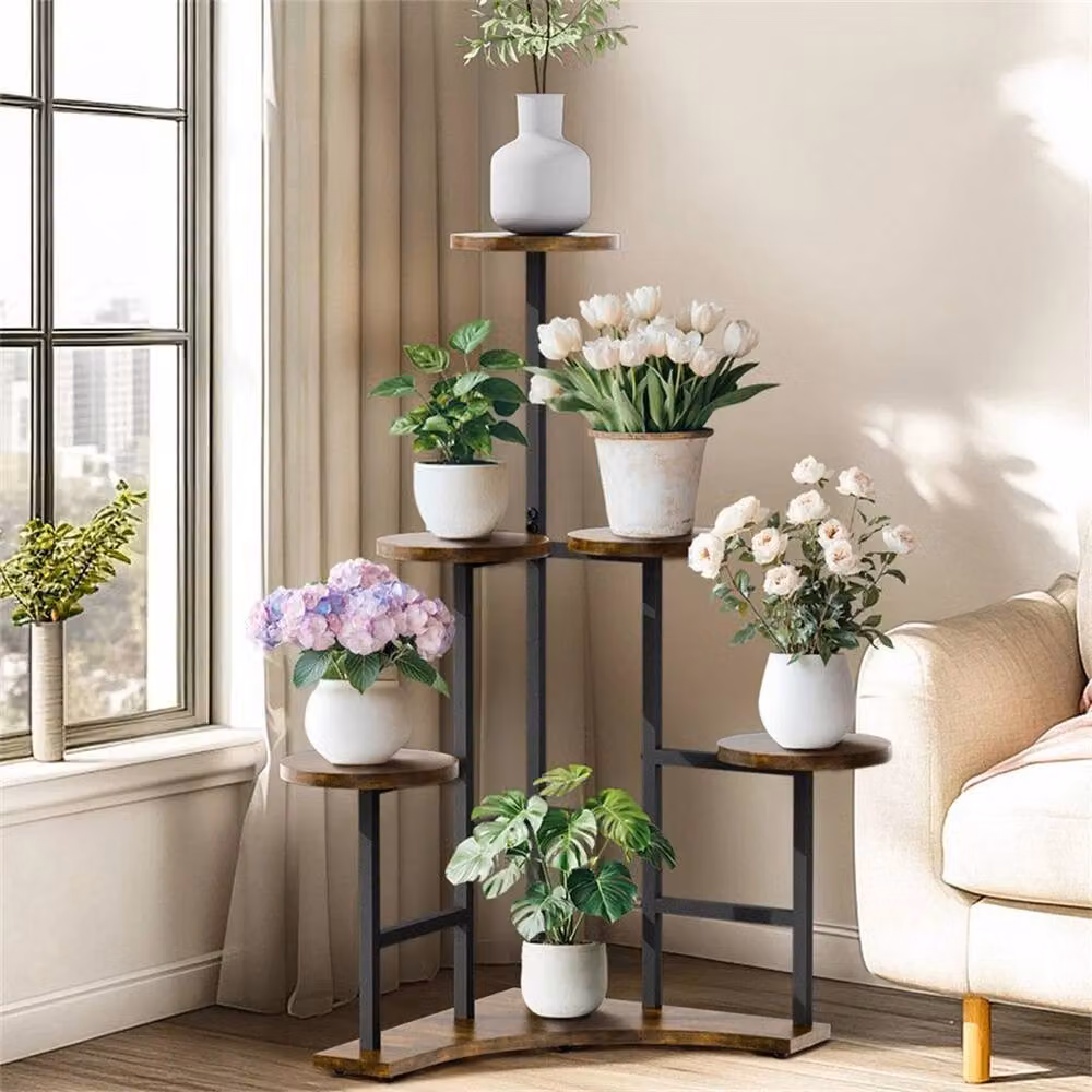 Kelvenix Industrial Rustic Corner Plant Stand in Black and Brown Metal and MDF – 3