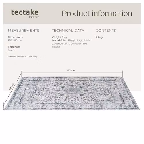 tectake Vintage Oriental Pattern Rug in Grey, Washable Short-Pile Wool Carpet with Non-Slip Base, W: 80 cm x L: 150 cm – 2