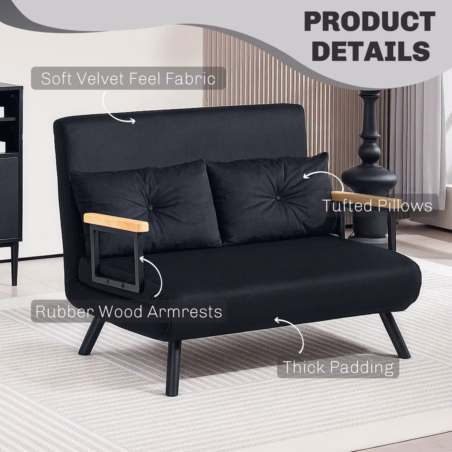 HOMCOM Convertible Double Sofa Bed in Black Velvet Fabric with Wooden Armrests and 2 Pillows, 140 x 200 cm – 6