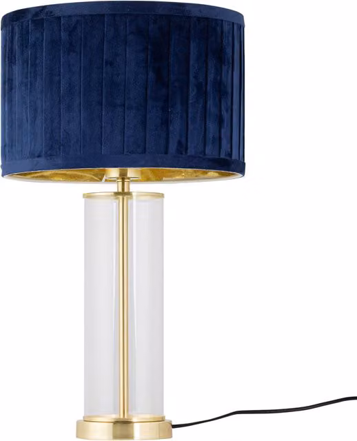 First Choice Lighting Aura Table Lamp with Blue Velvet Pleated Shade in Satin Brass