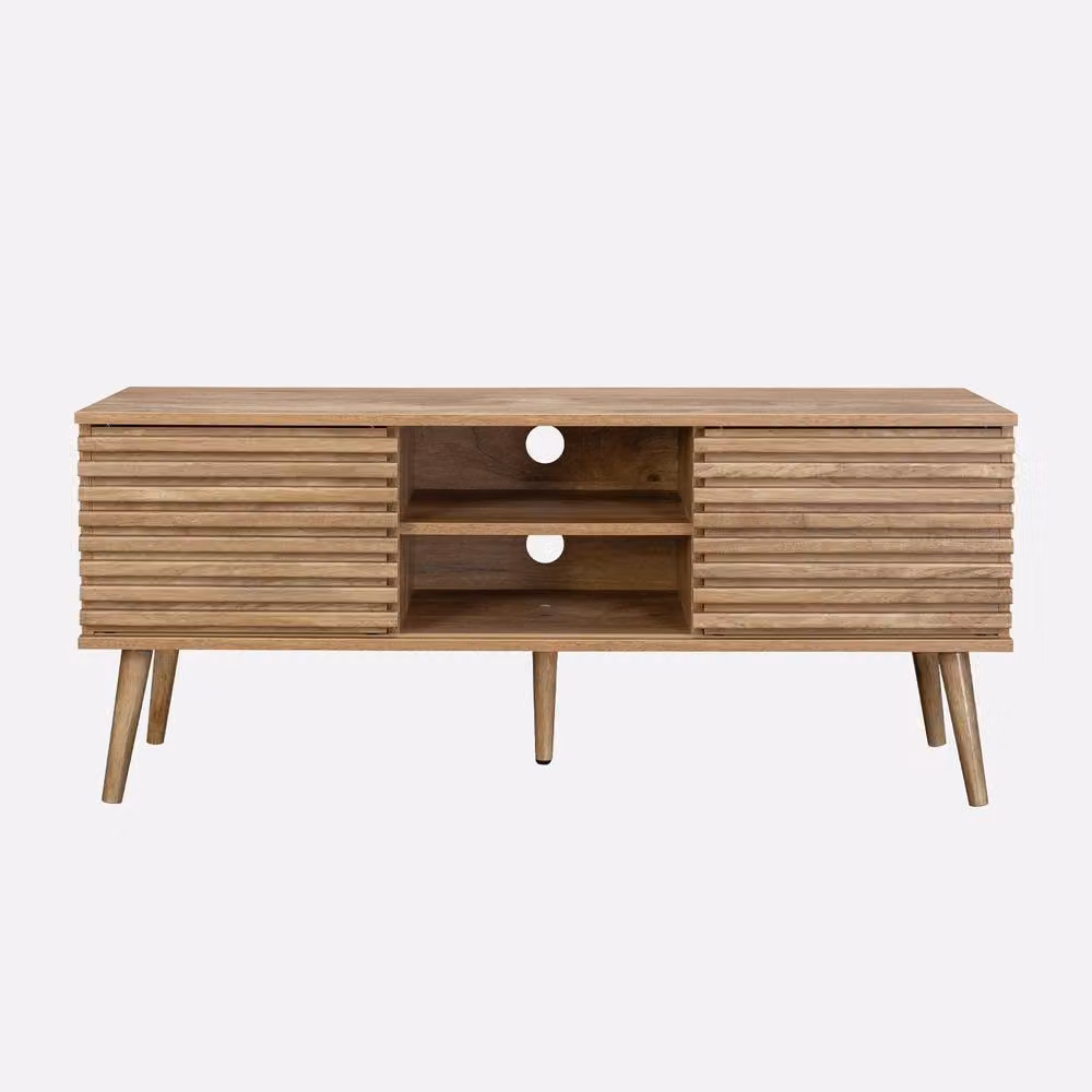 Sweekeec Scandinavian TV Unit with 2 Grooved Doors in Light Brown, W: 120 cm, H: 51.5 cm, D: 39 cm – 2