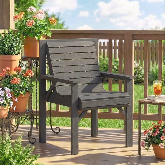 Outsunny Modern Grey Garden Dining Chair with Curved Wood Seat