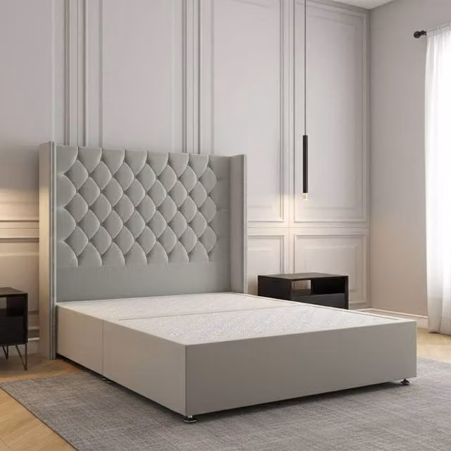 REGIONAL FURNISHINGS Super King Plush Velvet Divan Bed with 54 inch Headboard in Silver, W/D/H: 200 x 167.64 x 137.16 cm