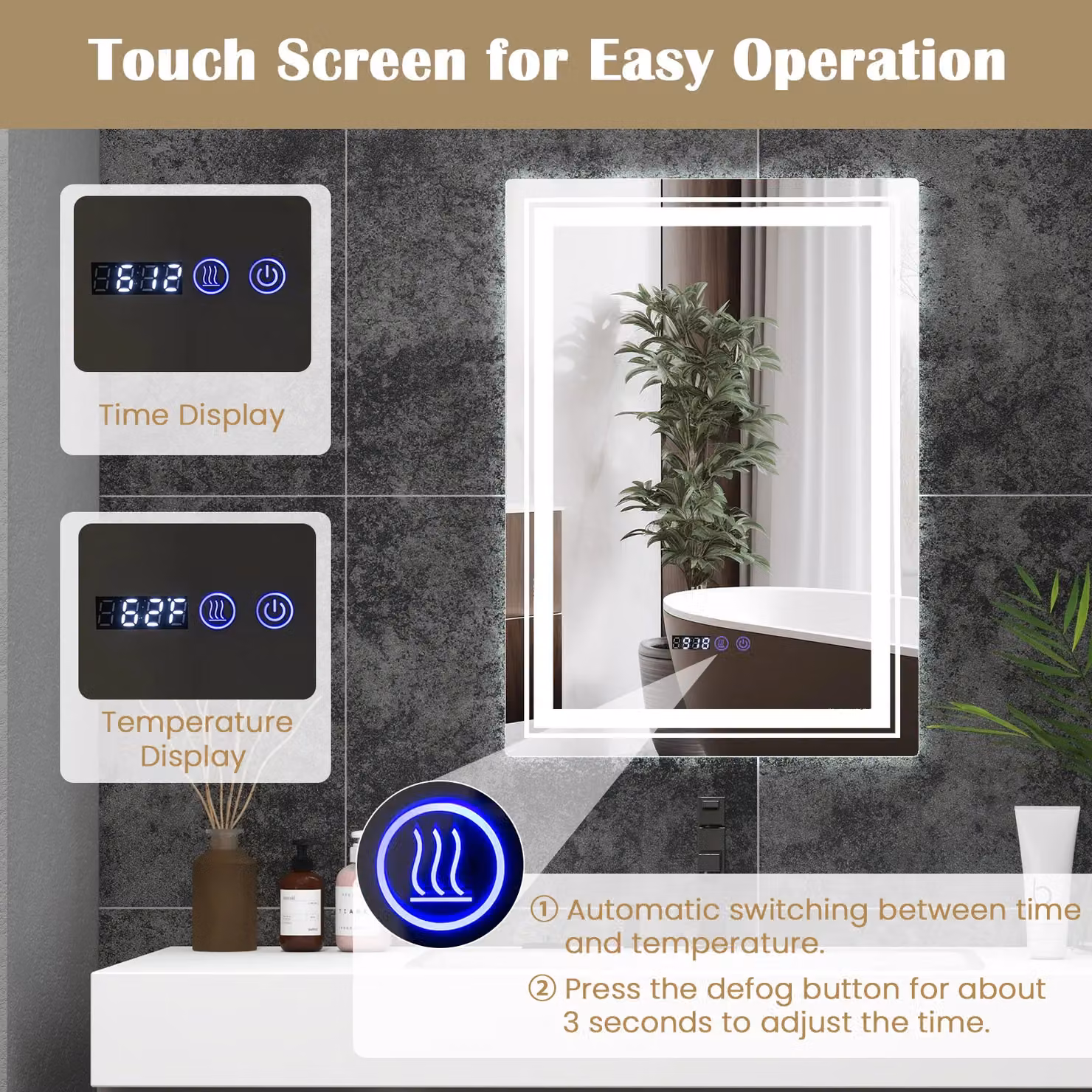 Costway Dimmable LED Bathroom Vanity Wall Mirror in Silver with Anti-Fog and 3 Colour Settings (3000-6500K) – 4