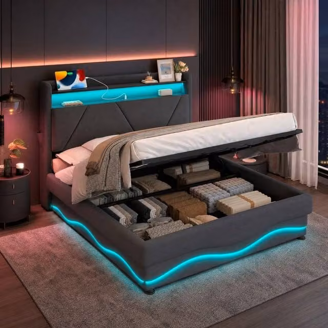 STILVORA King Size Ottoman Bed in Dark Grey Velvet with USB Charging Port, Bedside Shelf and Integrated Reading Light, W/D/H: 180 x 200 x 115.6 cm