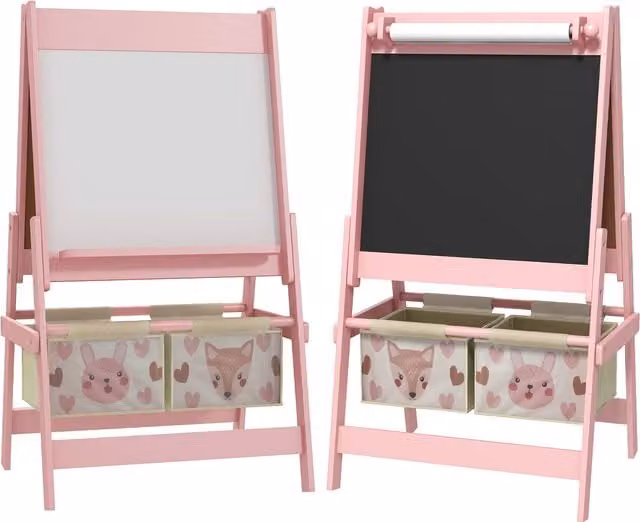 AIYAPLAY 3-in-1 Kids Easel with Paper Roll, Magnetic Whiteboard and Chalkboard in Pink – 1