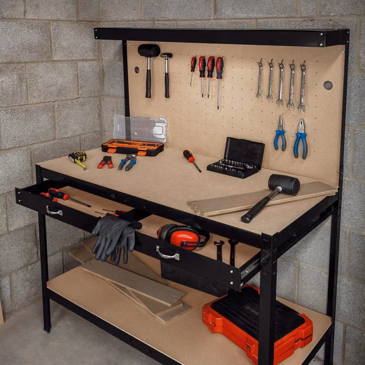 Monstershop Workbench with Pegboard and Drawer, Black, W/D/H: 120 x 60 x 155 cm – 3