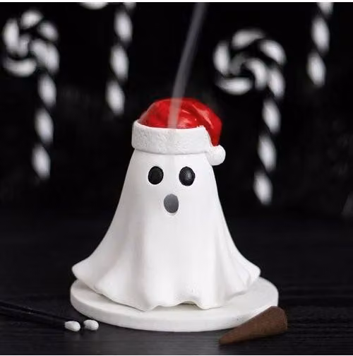 KDMD Ghost with Santa Hat Ceramic Tealight and Incense Cone Holder in White – 1