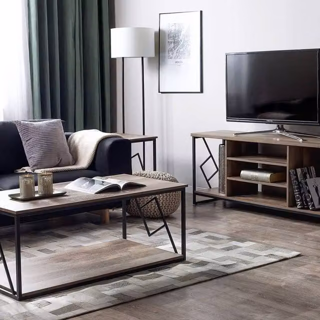 Wyld and Coco Industrial TV Stand in Dark Brown with Open Shelves and Metal Frame