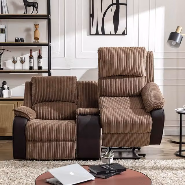 More4Homes Postana Rise Recliner 2 Seater Sofa in Brown with Synthetic Leather Upholstery and Cup Holders W/D/H: 187 x 103 x 90 cm