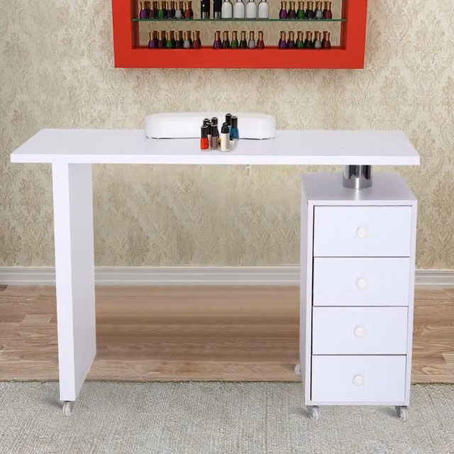 Livingandhome Modern White 4 Drawer Wooden Nail Table on Wheels for Professional Salon or Home Office Use