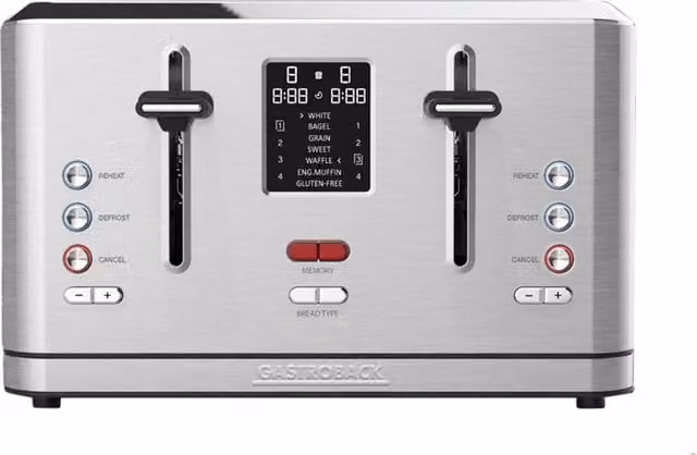 Gastroback Design Digital 4-Slice Stainless Steel Toaster in Silver with Digital Display and Cable Storage