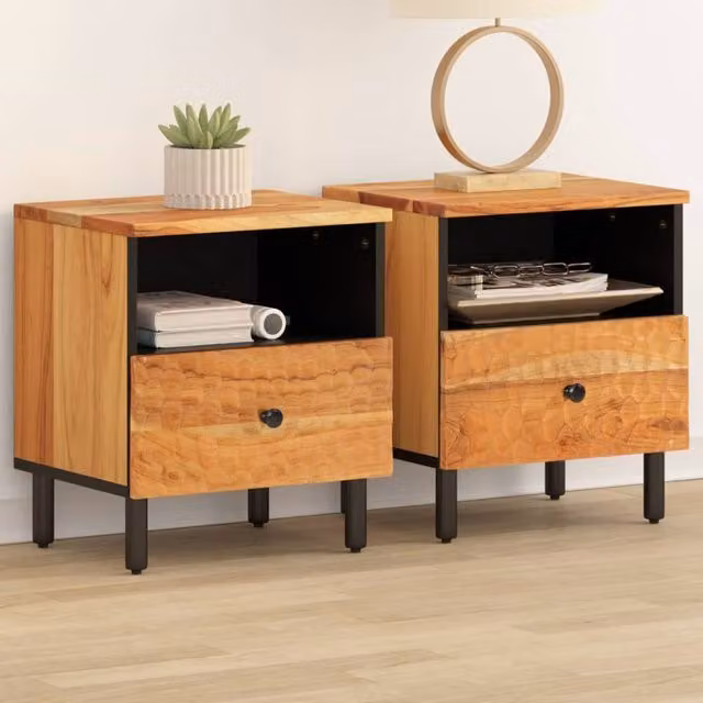 Berkfield Home Set of 2 Acacia Wood Bedside Cabinets in Brown, W/D/H: 40 x 33 x 46 cm