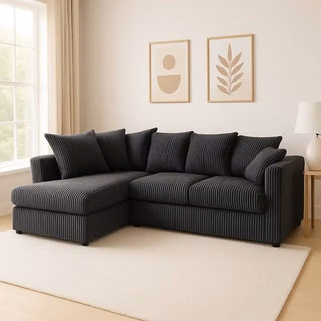 SquareBoxx Asher Jumbo Cord Corner Sofa with Left Hand Facing Chaise in Black – 1