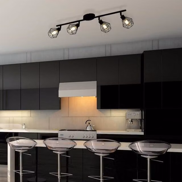 Eglo Zapata Black Caged Ceiling Spotlight with Amber Glass and LED Warm White Light – 1