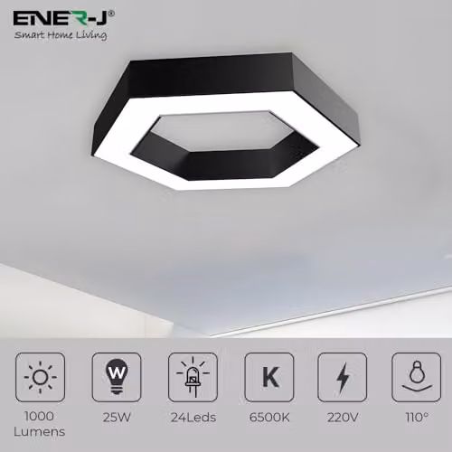 ENER-J Modern Hexagon LED Pendant Light, Black, 25W, 6500K Daylight, W/D/H: 60 x 60 x 10 cm – 2