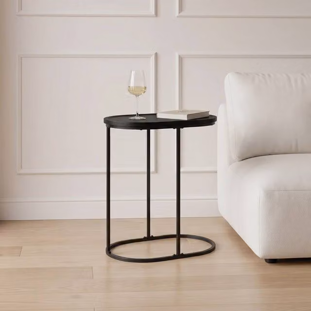 OHS Modern Oval C-Shaped Coffee Table and Sofa Desk in Black Wood Effect – 1