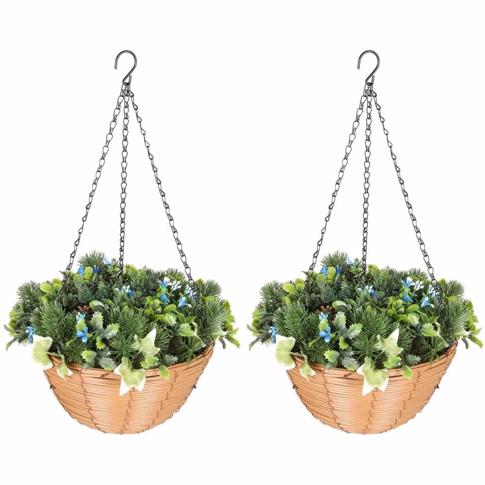 STILVORA Pack of 2 Hanging Planters with Mixed Green and Blue Faux Plants – 3