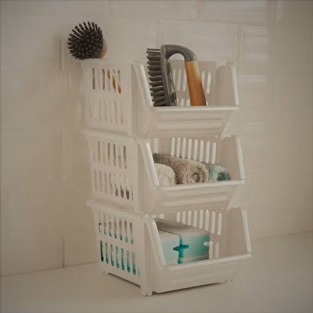 Whitefurze Stackable Slatted Plastic Storage Baskets, 3 Tier, White
