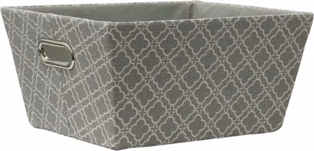 JVL Rectangular Tapered Open Weave Lattice Storage Basket in Silver and Grey Fabric