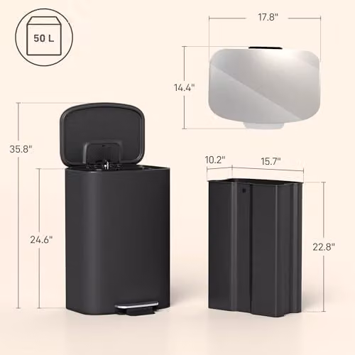 HOMCOM 50L Pedal Bin with Soft-Close Lid and Fingerprint-Proof Finish in Black and Silver – 3