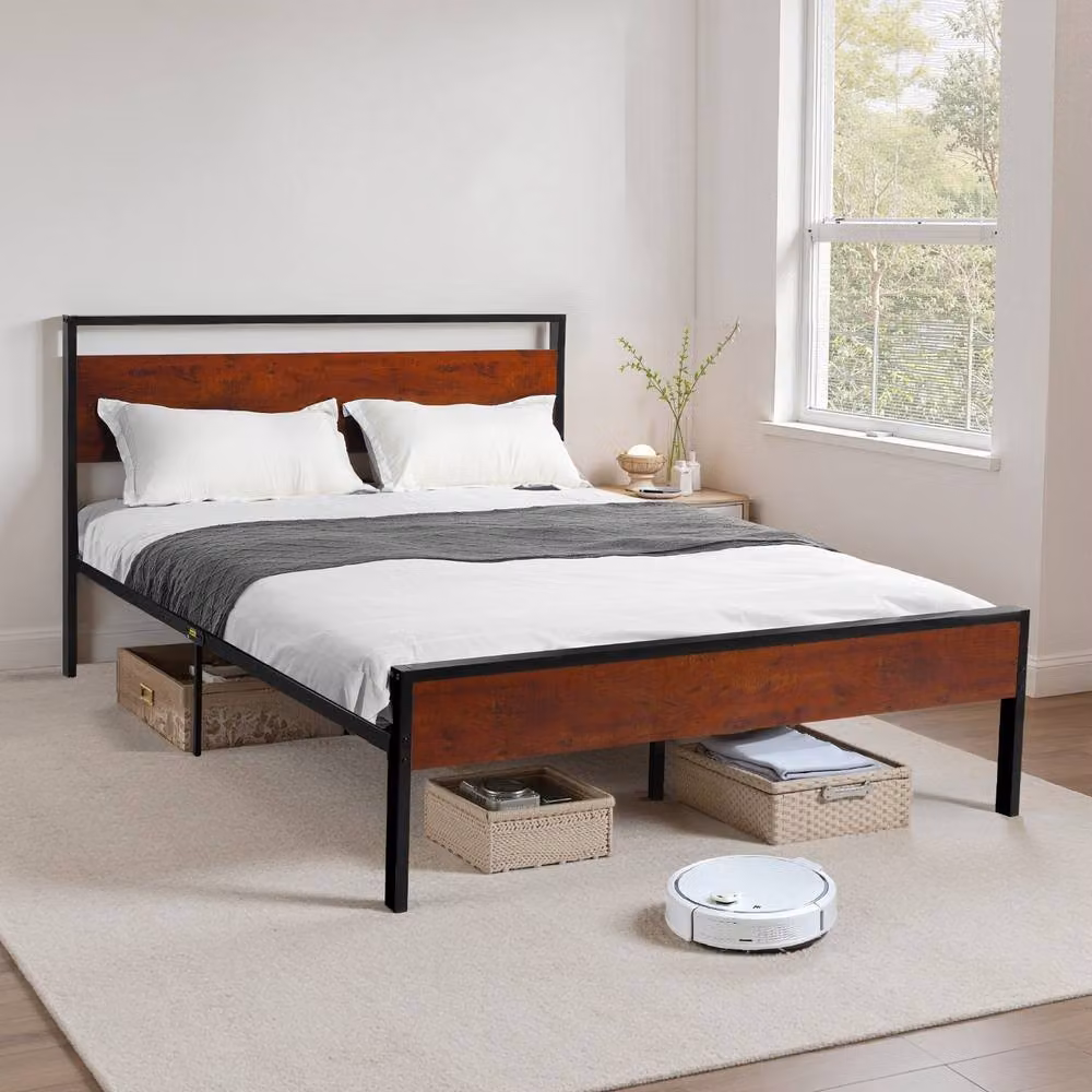 VEVOR Sturdy Bed Frame with Retro Wooden Headboard and Storage Drawers in Black and Brown, 140 x 200 cm – 4
