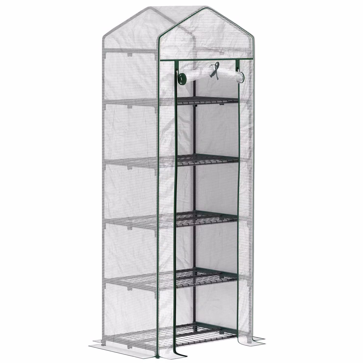 OUTSUNNY 5 Tier Mini Freestanding Greenhouse Grow House with Roll Up Door, White and Green – 2