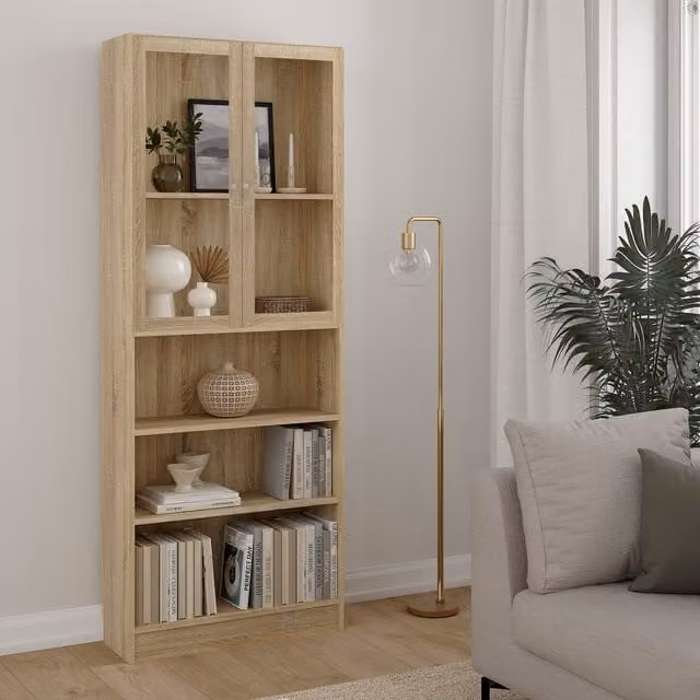 Furniture To Go Basic Tall Wide Display Cabinet with 4 Shelves and 2 Glass Doors in Oak Brown