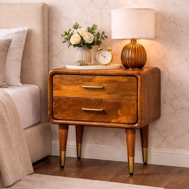 Artisan Furniture Mid Century Mango Wood Bedside Table in Brown