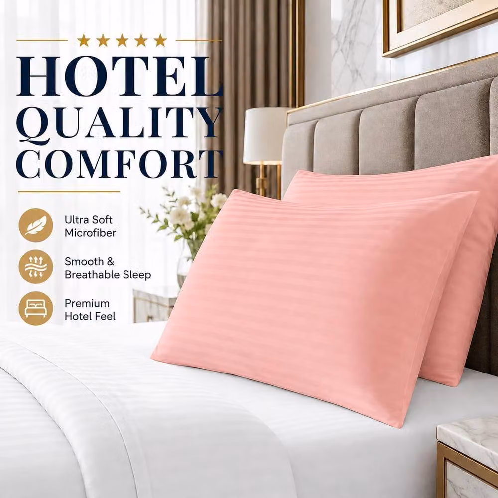 Homes-Linen Set of 2 Microfibre Striped Pillowcases in Pink, W/H: 50 x 70 cm – 2