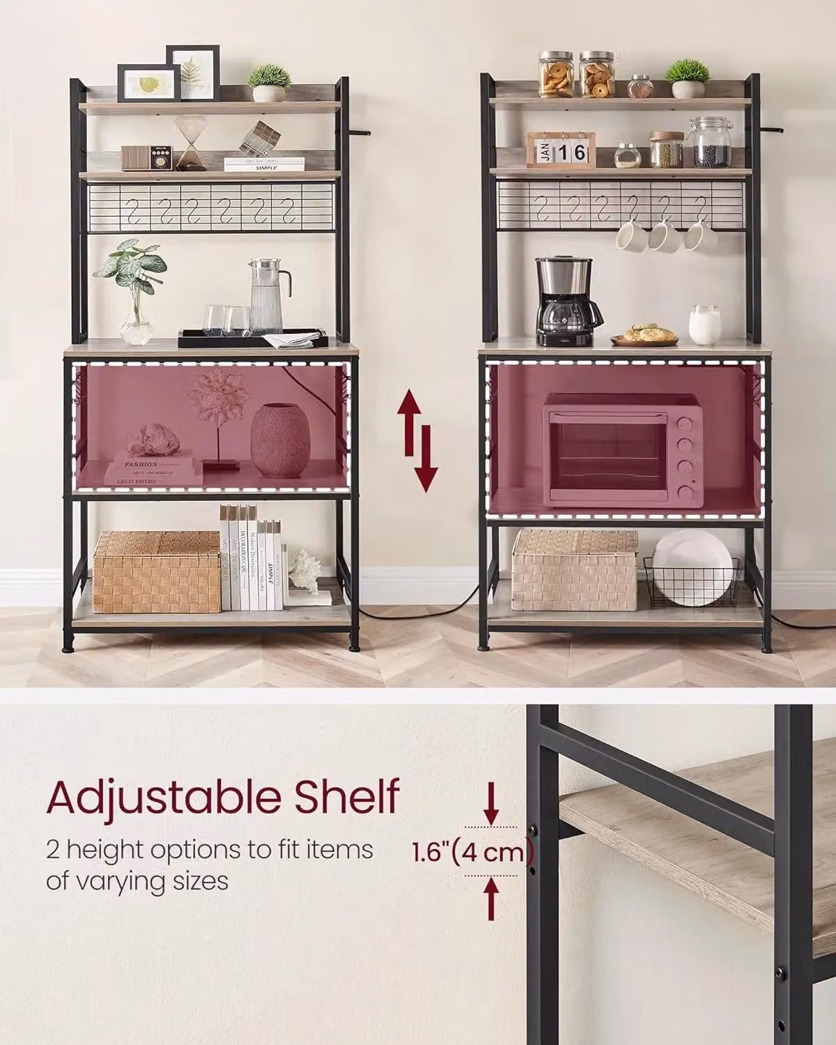 VASAGLE Kitchen Rack with Power Outlet, Hooks and Metal Wire Panel in Fawn – 4