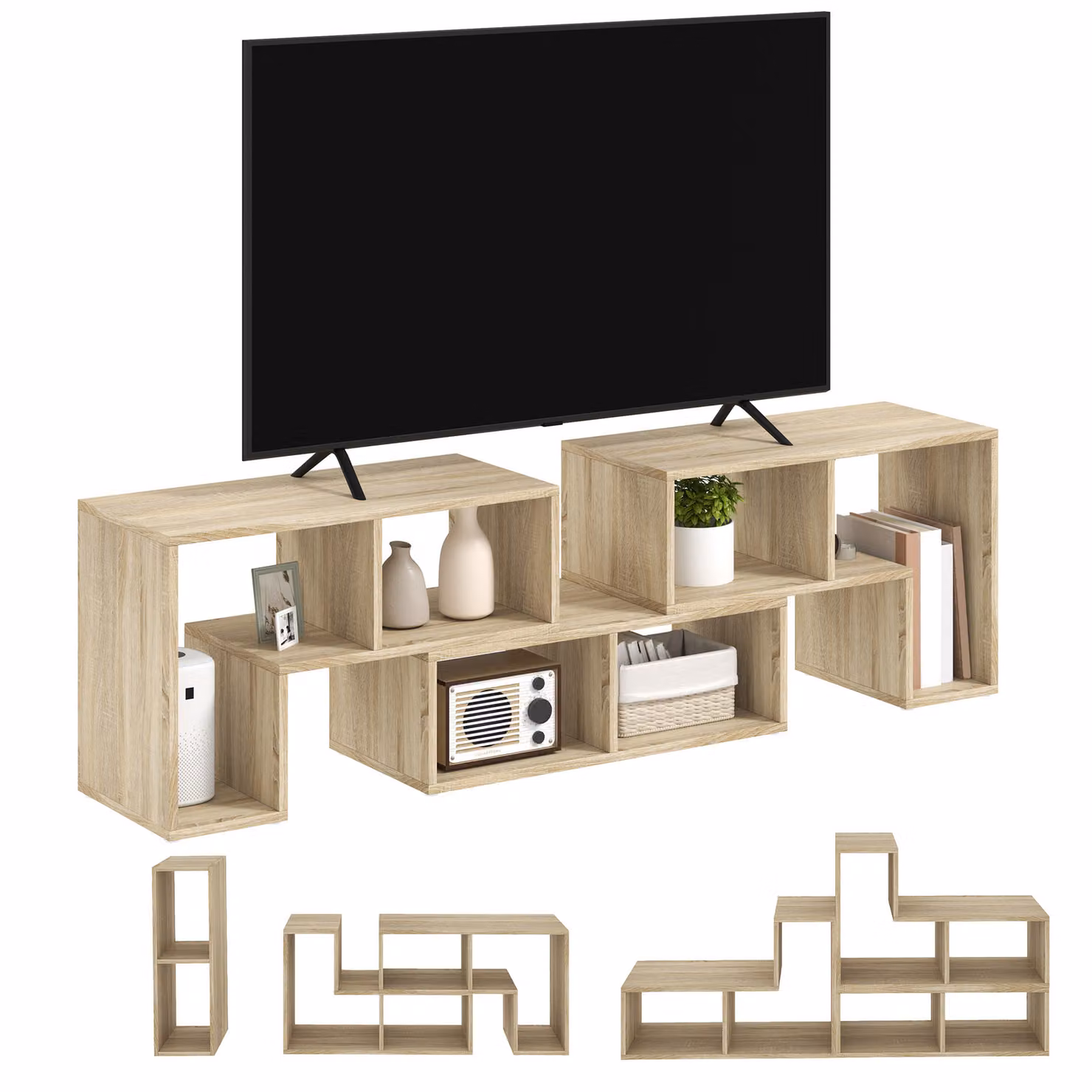 HOMCOM Extendable Grey Oak TV Stand for TVs up to 75 Inches with Storage Shelves – 5