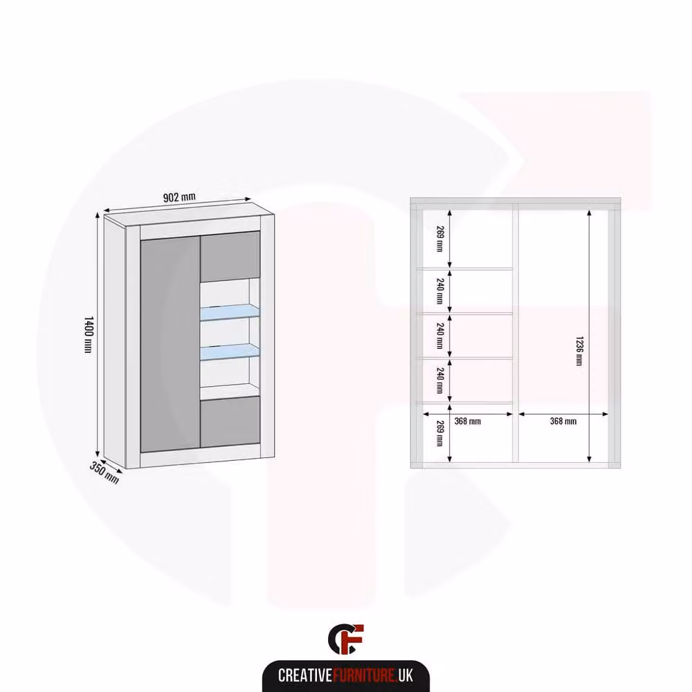 Creative Furniture Arcadia Modern Display Cabinet in Dark Oak and Black Matt with Glass Doors, W: 140 cm, H: 93 cm, D: 35 cm – 4