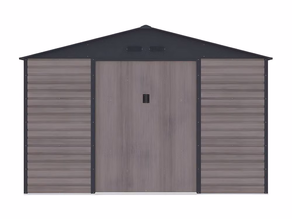 Vente-unique ADELMO Galvanised Steel Garden Shed in Grey Wood Effect with Double Doors and Window, 10.98 m2 – 2