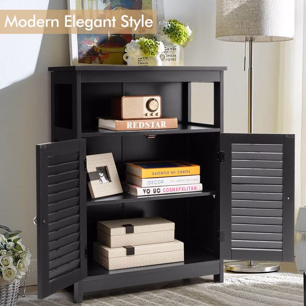 Costway Modern Black Wooden Bathroom Floor Cabinet with Adjustable Internal Shelves and Open Storage Shelf – 11
