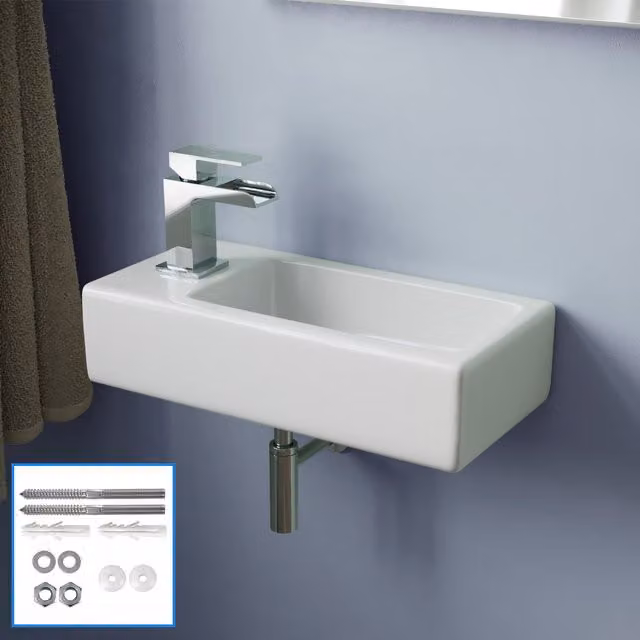 Nes Home White Ceramic Rectangular Wall Hung Small Cloakroom Basin and Fittings W: 37.5 cm, D: 18.5 cm